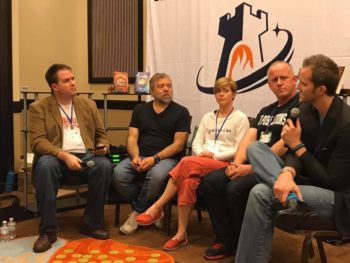 This inaugural Roundtable discussion for Lorehaven Magazine took place at the 2017 Realm Makers conference in Reno, Nevada. From left: E. Stephen Burnett, Robert Liparulo, Carla Cook Hoch, Travis Perry, and Andrew Winch